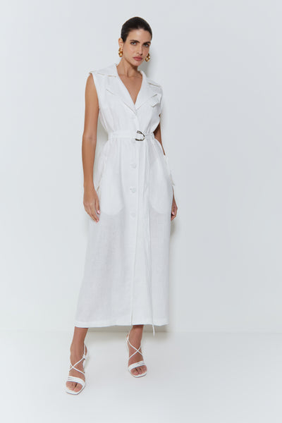 VESTIDO MIDI COM LAPELAS E CINTO EM LINHO BRANCO
