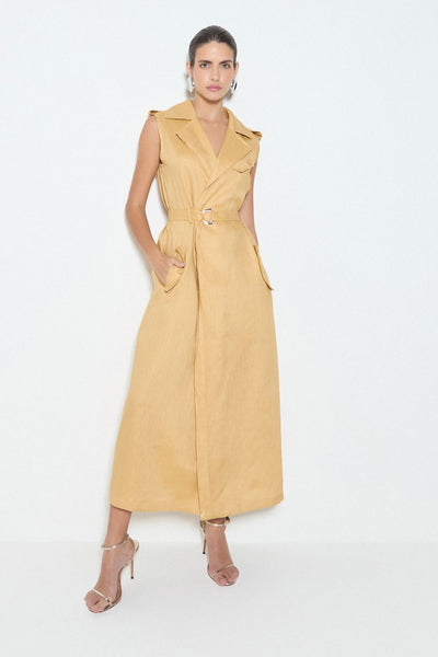 VESTIDO MIDI COM LAPELAS E CINTO EM LINHO BEGE MEL