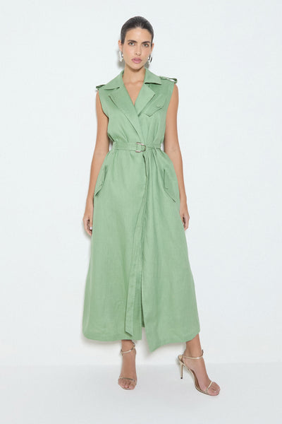 VESTIDO MIDI COM LAPELAS E CINTO EM LINHO VERDE MENTA
