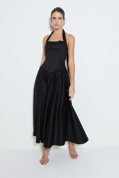 VESTIDO MIDI AMARRACAO PESCOÇO E BARRA RODADA PRETO