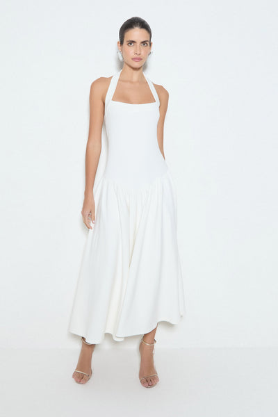 VESTIDO MIDI AMARRACAO PESCOÇO E BARRA RODADA OFF WHITE