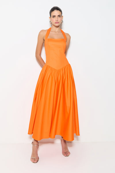 VESTIDO MIDI AMARRACAO PESCOÇO E BARRA RODADA LARANJA TANGERINA