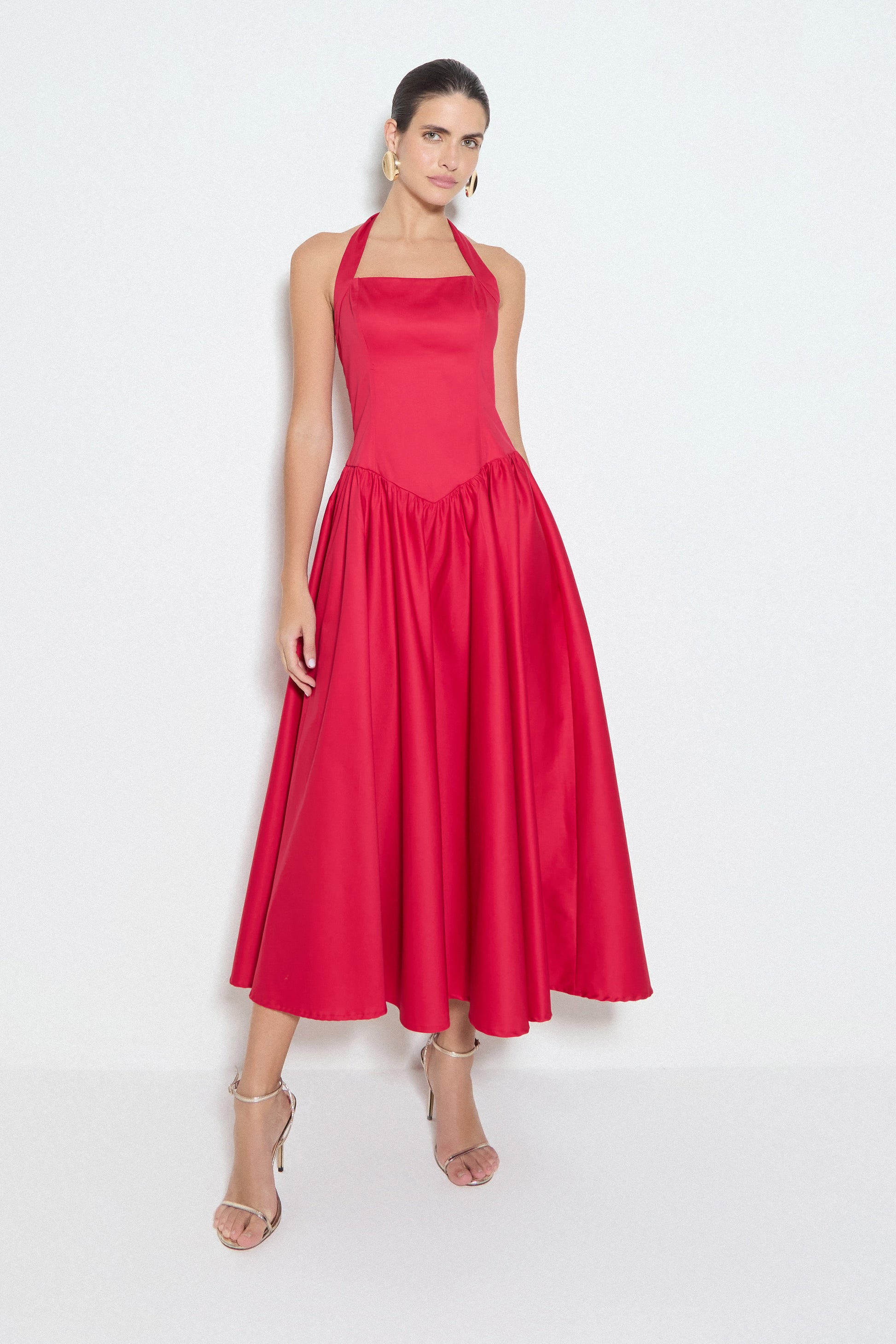 VESTIDO MIDI AMARRACAO PESCOÇO E BARRA RODADA VERMELHO CEREJA