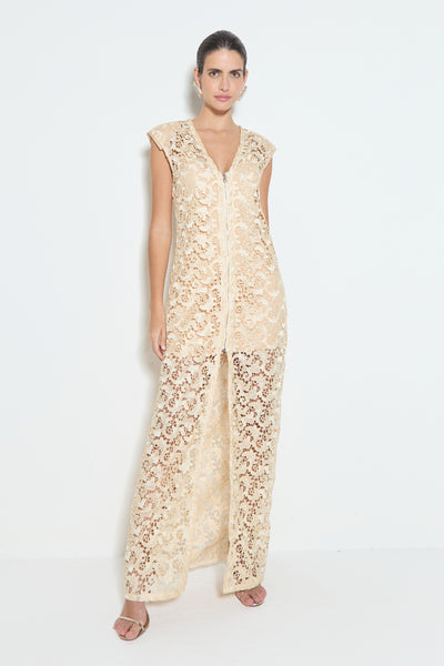 VESTIDO LONGO EM GUIPIR E ZIPER DE METAL FRONTAL CREME