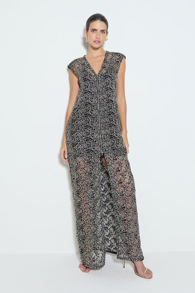 VESTIDO LONGO EM GUIPIR E ZIPER DE METAL FRONTAL PRETO COM BEGE