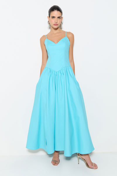 VESTIDO MIDI COM SAIA RODADA E FRANZIDOS AZUL ACQUA