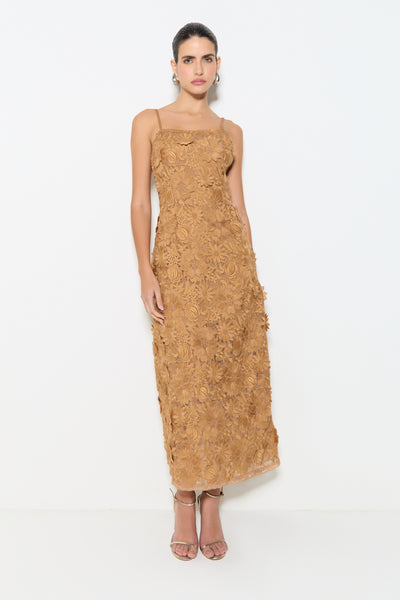 VESTIDO LONGO RETO COM ALCAS EM TULE BORDADO KAKI