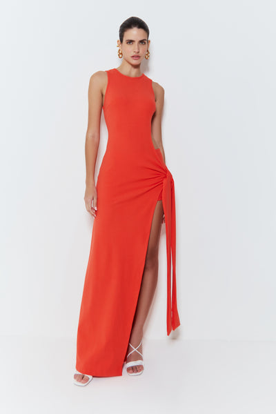 VESTIDO LONGO COM RECORTE E AMARRACAO NA CINTURA CORAL