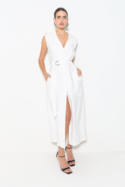 VESTIDO MIDI COM CINTO E LAPELAS OFF WHITE
