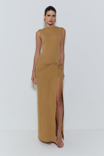 VESTIDO LONGO COM TORCAO E FENDA LATERAL KAKI