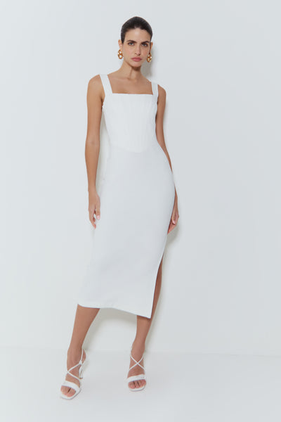 VESTIDO MIDI COM DECOTE RETO E PESPONTO FRONTAL OFF WHITE