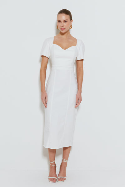 VESTIDO MIDI ESTRUTURADO MANGA CURTA DECOTE PRINCESA OFF WHITE