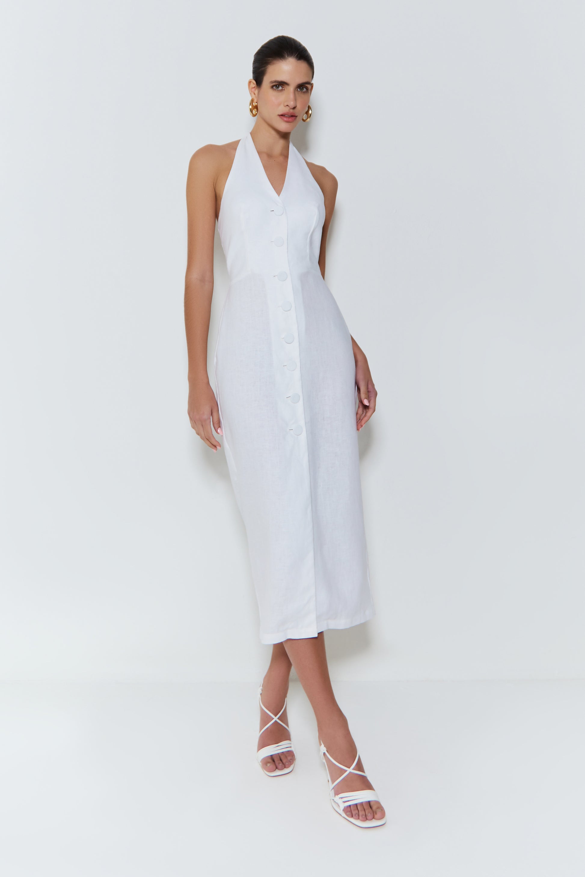 VESTIDO MIDI FRENTE UNICA COM BOTOES FRONTAIS BRANCO – Zen Oficial