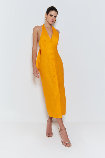 VESTIDO MIDI FRENTE UNICA COM BOTOES FRONTAIS LARANJA TANGERINA