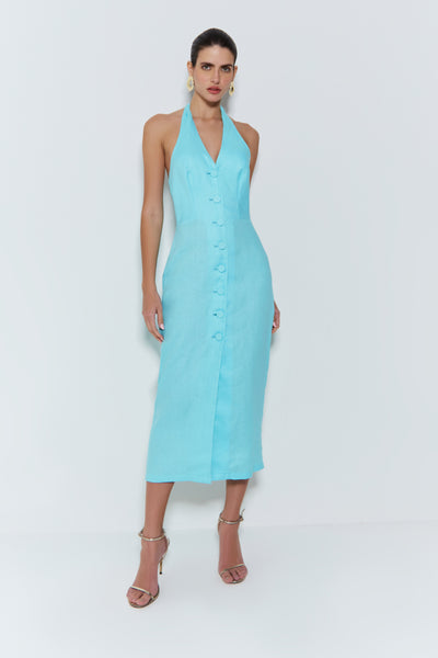 VESTIDO MIDI FRENTE UNICA COM BOTOES FRONTAIS AZUL TURQUESA CLARO