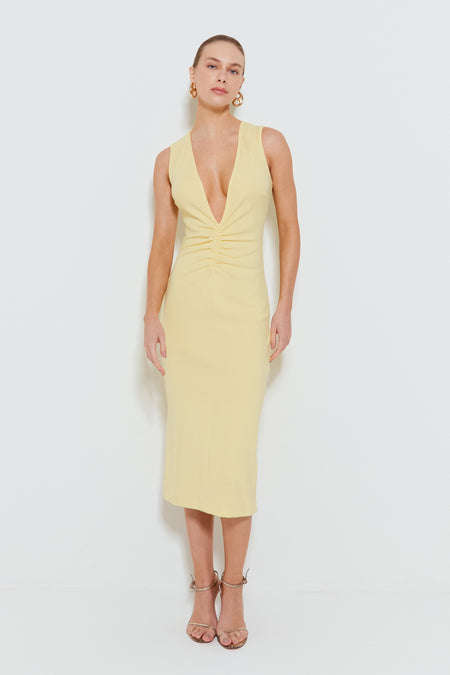 VESTIDO MIDI COM DECOTE PROFUNDO E FRANZIDO FRONTAL AMARELO CITRUS