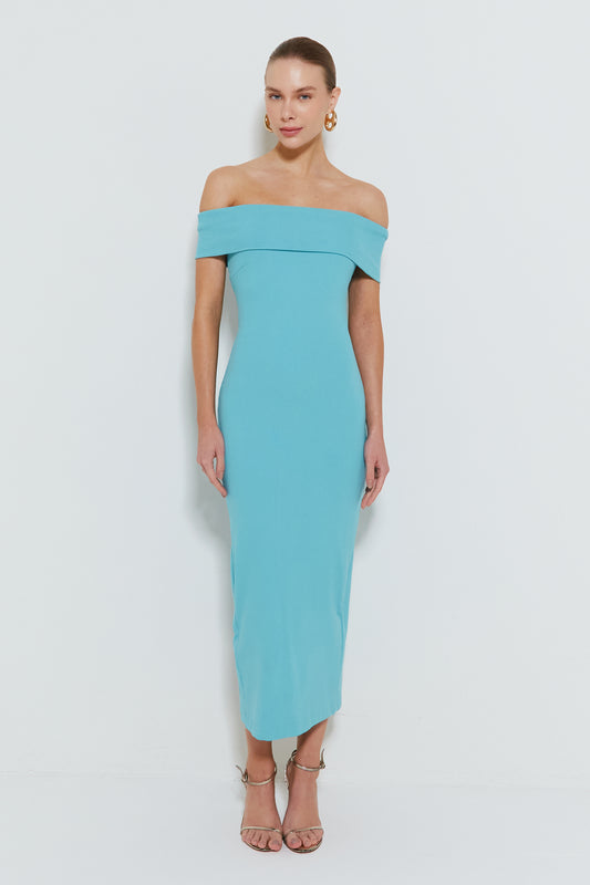 VESTIDO MIDI OMBRO A OMBRO COM AMARRAÇÃO NAS COSTAS AZUL MAR