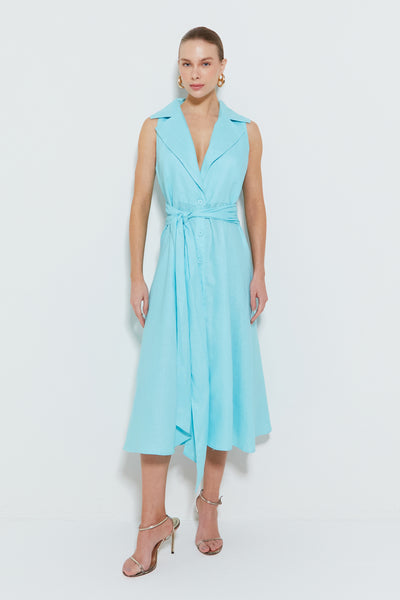 VESTIDO MIDI COM LAPELAS E CINTO AZUL MAR