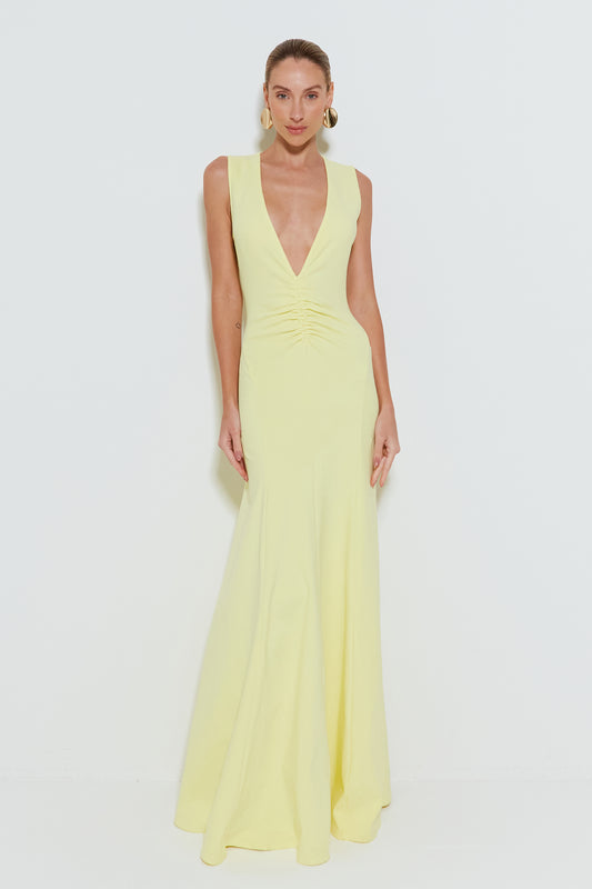 VESTIDO LONGO COM DECOTE V PROFUNDO E SAIA AMPLA AMARELO CITRUS