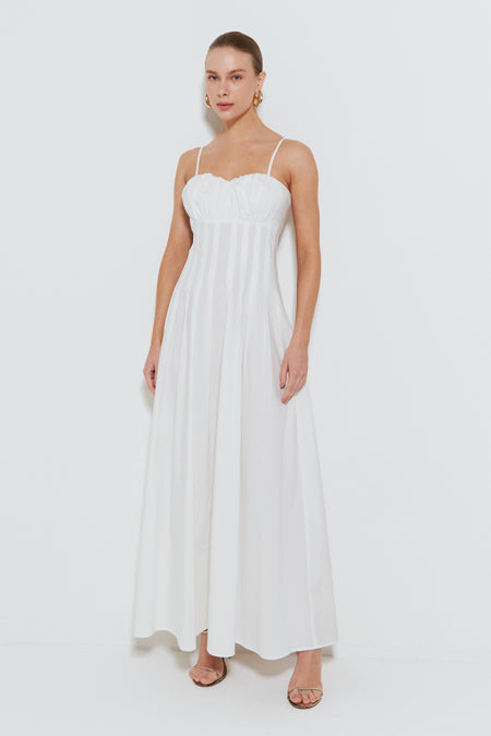 VESTIDO LONGO COM FRANZIDOS NO BUSTO E PREGAS NA SAIA CREME