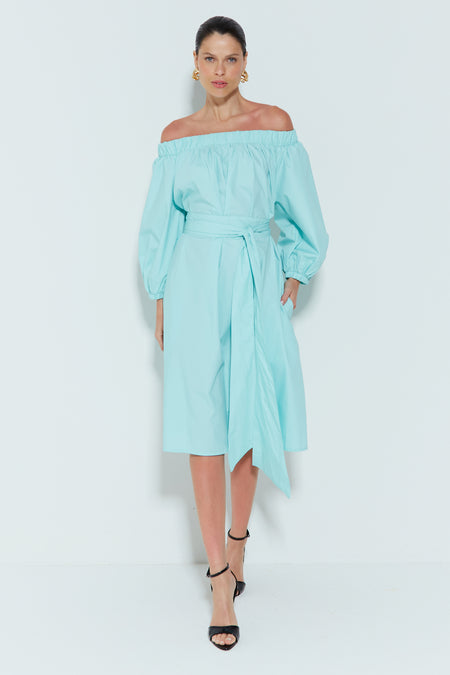 VESTIDO CURTO OMBRO A OMBRO COM FENDAS LATERAIS VERDE LAGOA