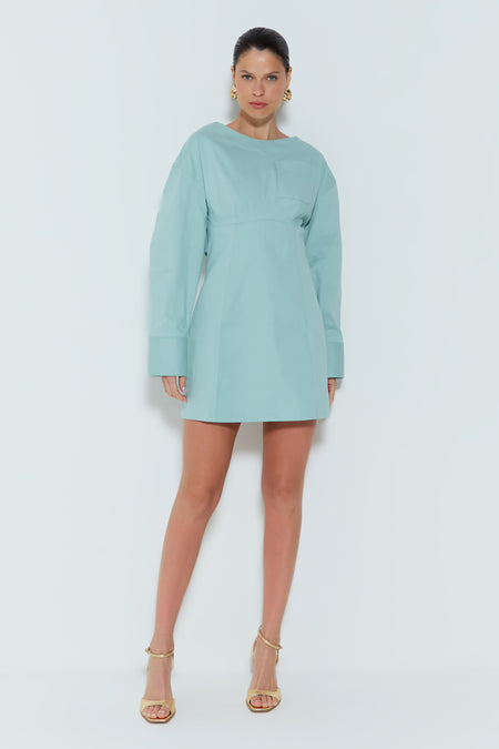 VESTIDO CURTO MANGA LONGO COM ABERTURA NAS COSTAS VERDE JADE