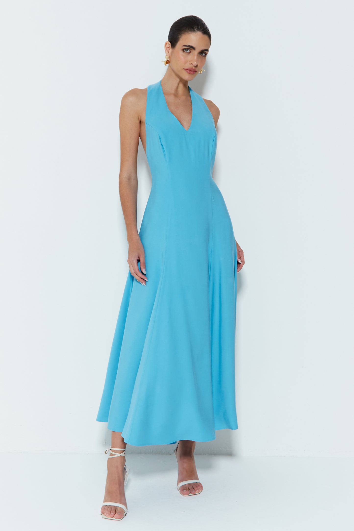 VESTIDO MIDI FRENTE UNICA COM BARRA AMPLA AZUL CRISTAL