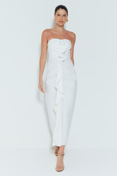VESTIDO MIDI TOMARA QUE CAIA COM DETALHES BABADOS OFF WHITE