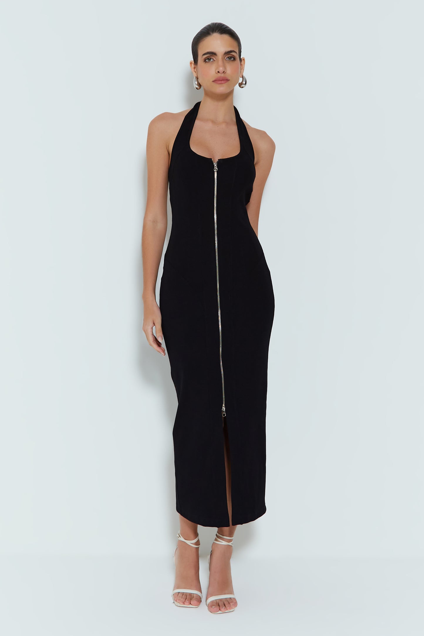 VESTIDO MIDI FRENTE UNICA COM ZIPER DUPLO PRETO