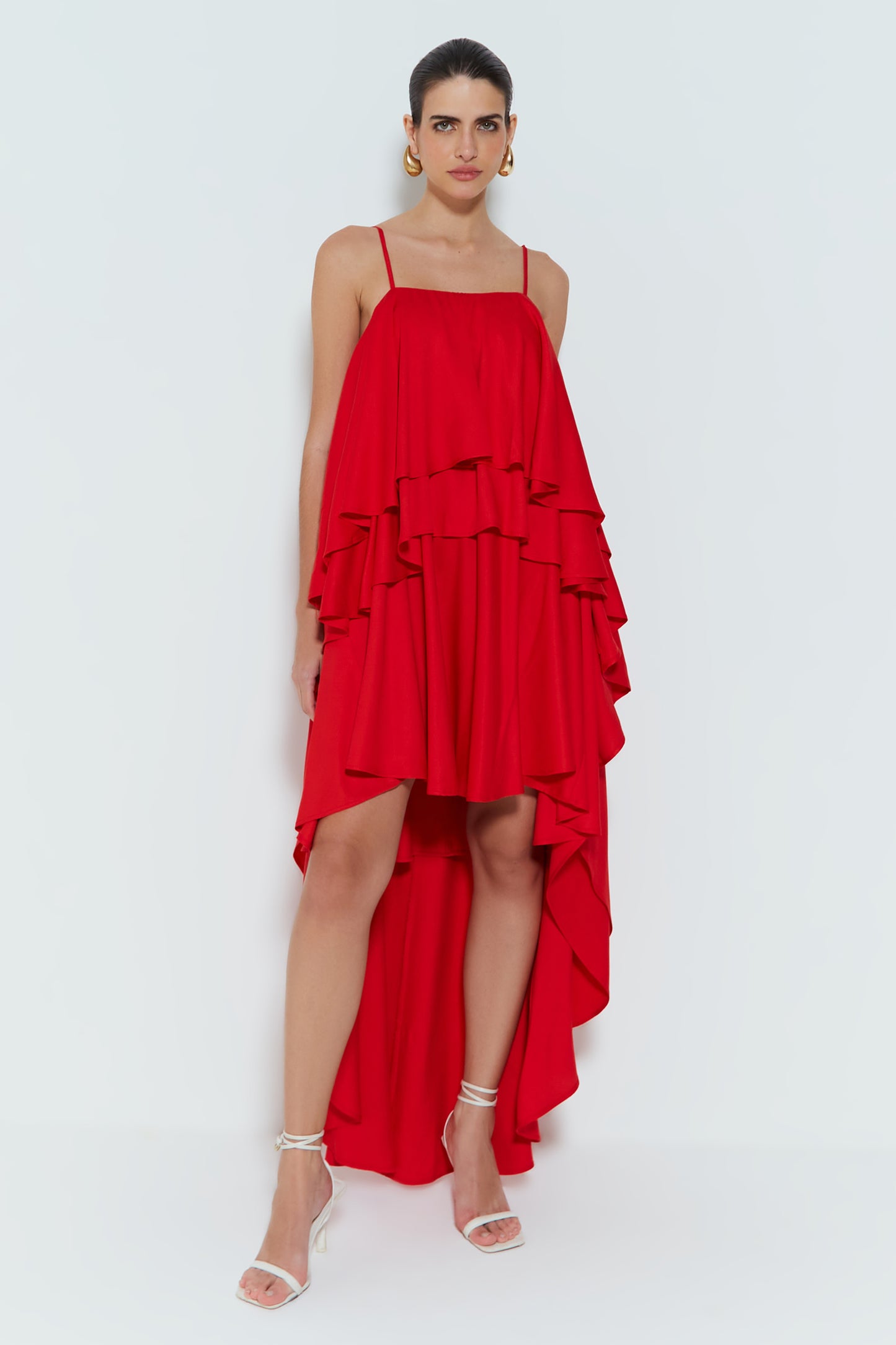 VESTIDO MULLET COM BABADOS E ALCA FINA VERMELHO