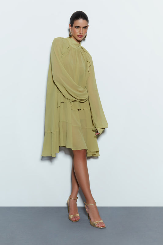 VESTIDO CURTO COM FRANZIDOS AMARRACAO PESCOCO VERDE LEMON