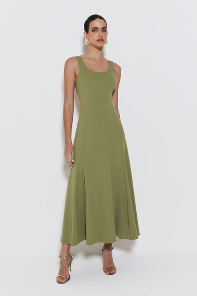 VESTIDO MIDI COM RECORTE BUSTO E SAIA AMPLA VERDE MOSS