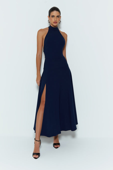 VESTIDO MIDI FRENTE UNICA COM FECHAMENTO PESCOCO AZUL MARINHO