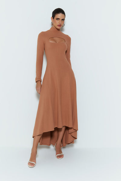VESTIDO MULLET COM ABERTURA BUSTO E GOLA ALTA MOCHA MOUSSE