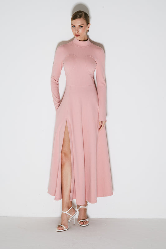 VESTIDO MIDI GOLA ALTA COM RECORTE NO BUSTO ROSA QUARTZO