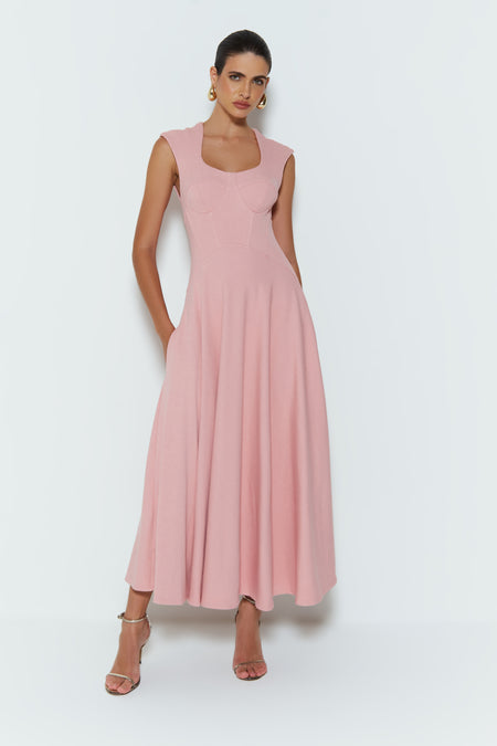 VESTIDO MIDI COM BARBATANA CINTURA E RECORTES BUSTO ROSA QUARTZO