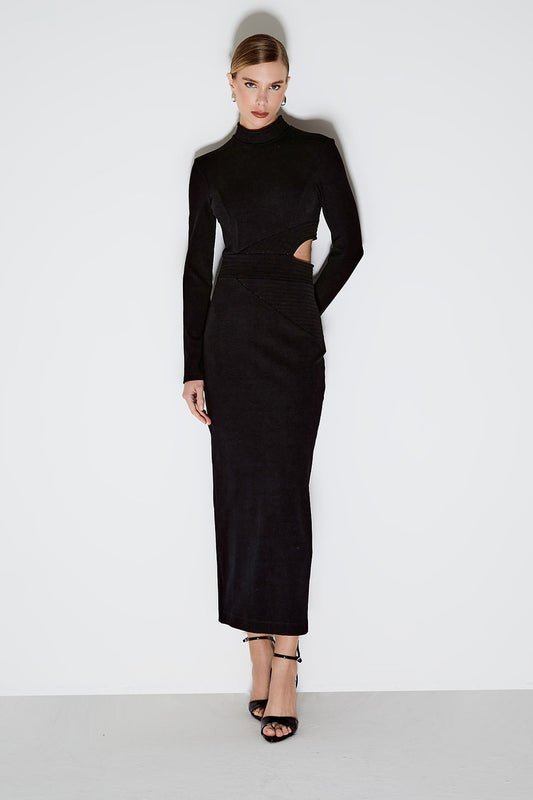VESTIDO MIDI RECORTES ASSIMETRICOS E ABERTURA LATERAL PRETO