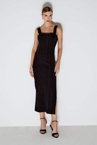 VESTIDO MIDI COM ALCAS LARGAS E RECORTES A FIO PRETO