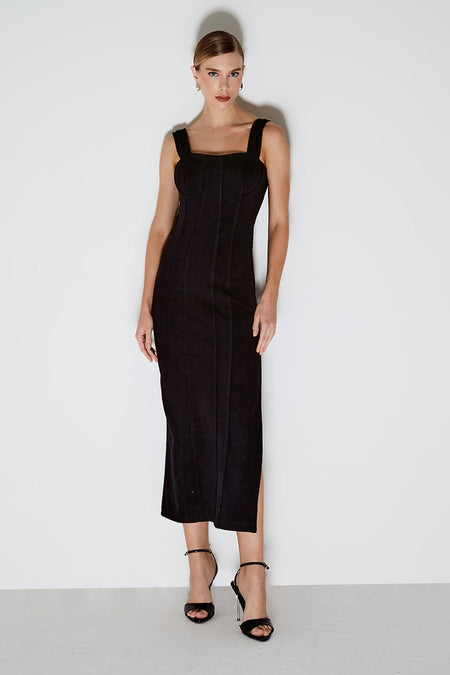 VESTIDO MIDI COM ALCAS LARGAS E RECORTES A FIO PRETO