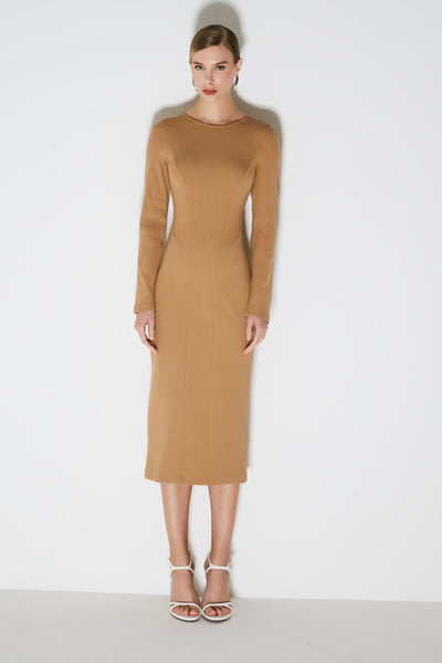 VESTIDO MIDI COM ABERTURA E RECORTE COSTAS KAKI