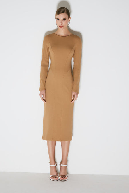 VESTIDO MIDI COM ABERTURA E RECORTE COSTAS KAKI