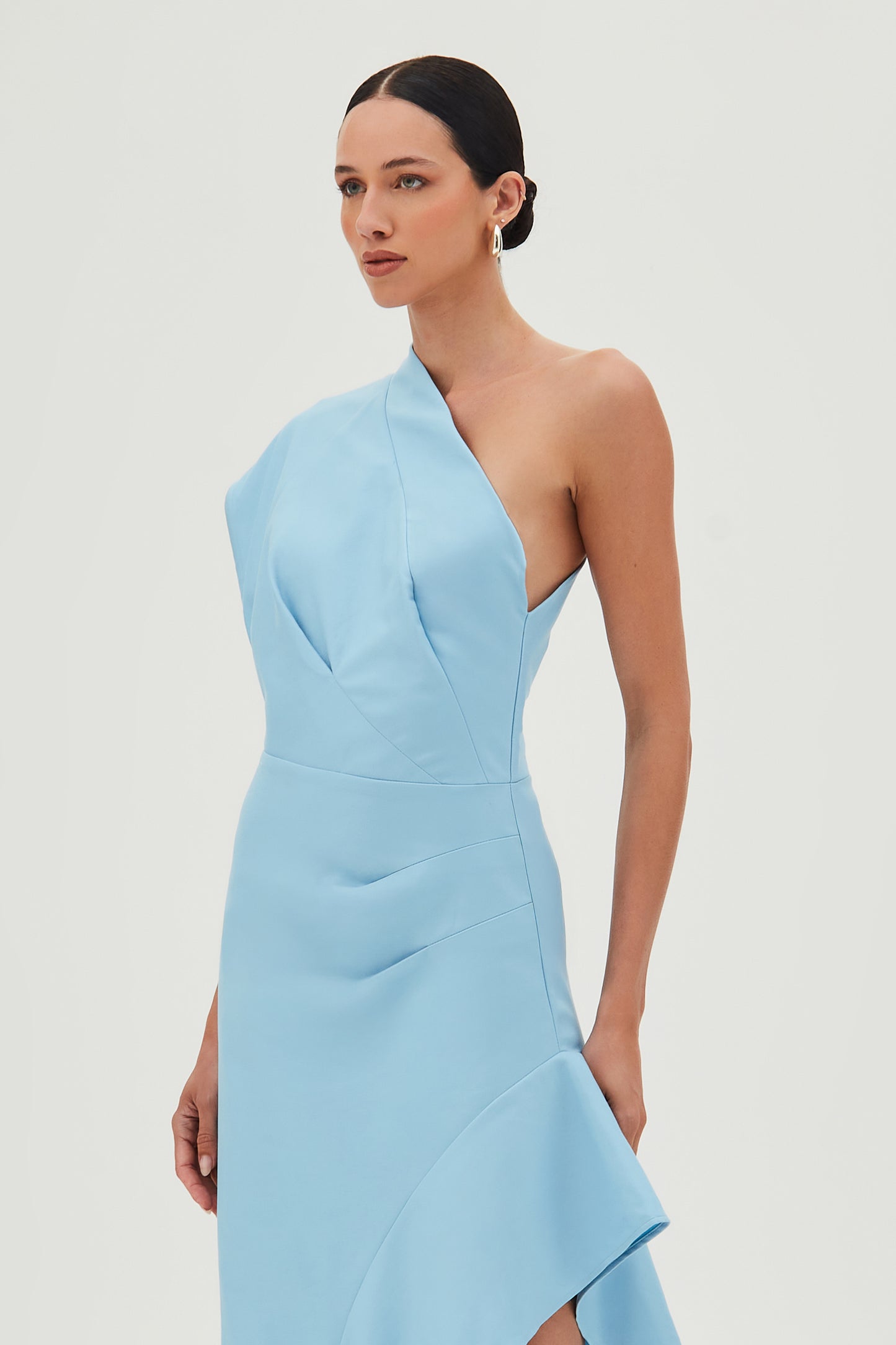 VESTIDO MIDI UM OMBRO SO COM DRAPEADOS LATERAL AZUL OCEANO
