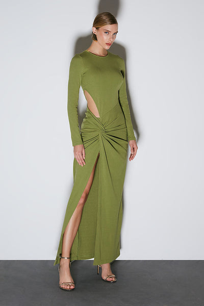 VESTIDO LONGO COM TORCAO E ABERTURA LATERAL VERDE MOSS