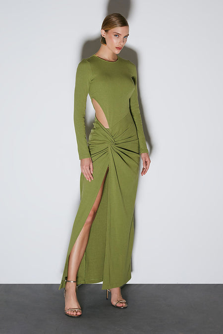 VESTIDO LONGO COM TORCAO E ABERTURA LATERAL VERDE MOSS
