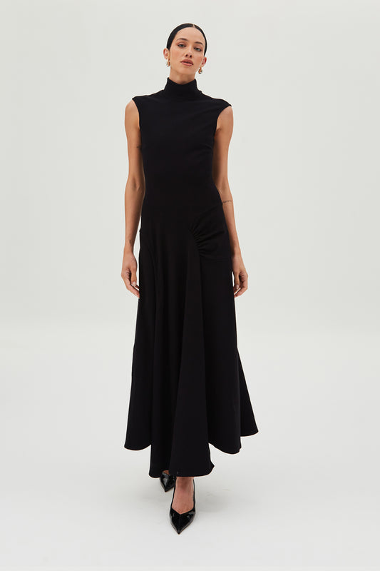 VESTIDO MIDI GOLA ALTA E FAIXA SOBREPOSTA PRETO