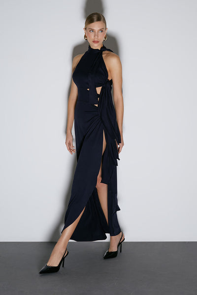 VESTIDO LONGO GOLA ALTA COM AMARRACOES LATERAIS AZUL MARINHO