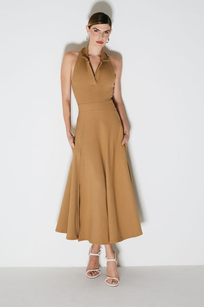 VESTIDO MIDI FRENTE UNICA COM GOLA E FENDA FRONTAL KAKI