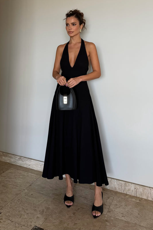 VESTIDO MIDI FRENTE UNICA DECOTE V SAIA AMPLA PRETO