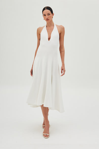 VESTIDO MIDI FRENTE UNICA DECOTE V SAIA AMPLA OFF WHITE