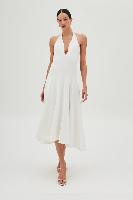 VESTIDO MIDI FRENTE UNICA DECOTE V SAIA AMPLA OFF WHITE